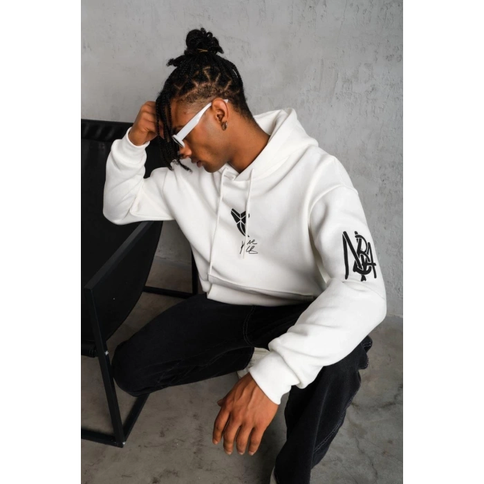 Baskılı Kapüşonlu Sweat - Beyaz -