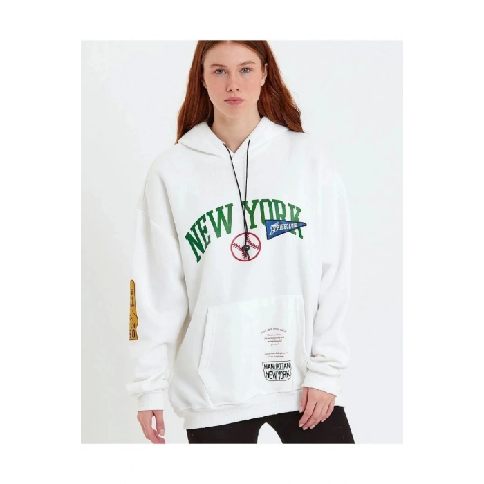 Baskılı Kapüşonlu Sweatshirt - Beyaz -