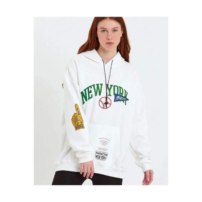Baskılı Kapüşonlu Sweatshirt - Beyaz -