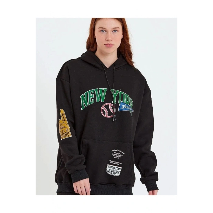 Baskılı Kapüşonlu Sweatshirt - Siyah -