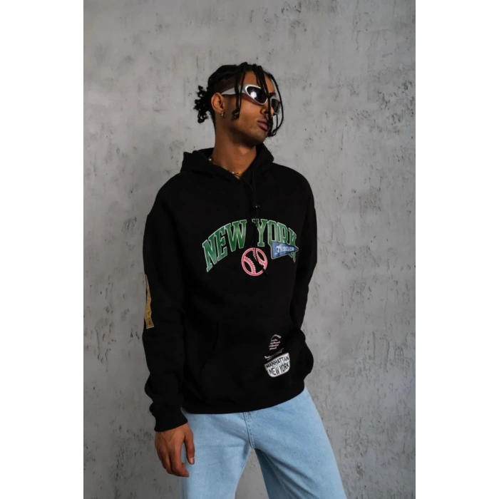 Baskılı Kapüşonlu Sweatshirt - Siyah -