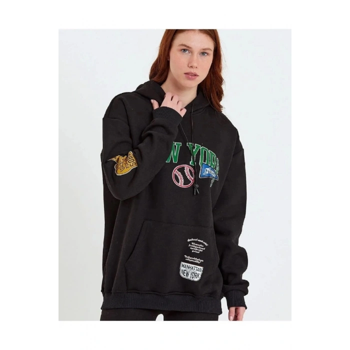Baskılı Kapüşonlu Sweatshirt - Siyah -