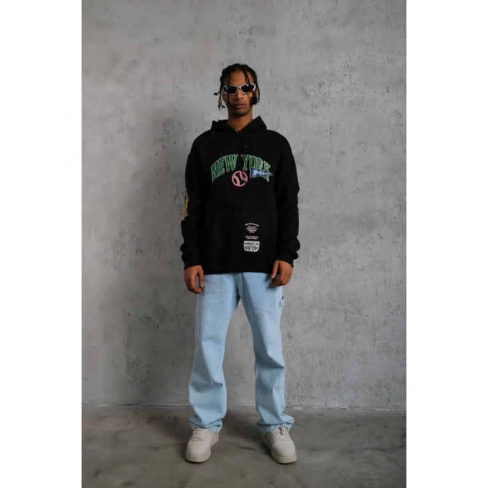 Baskılı Kapüşonlu Sweatshirt - Siyah -