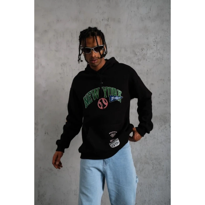Baskılı Kapüşonlu Sweatshirt - Siyah -