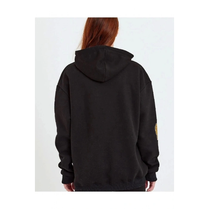 Baskılı Kapüşonlu Sweatshirt - Siyah -