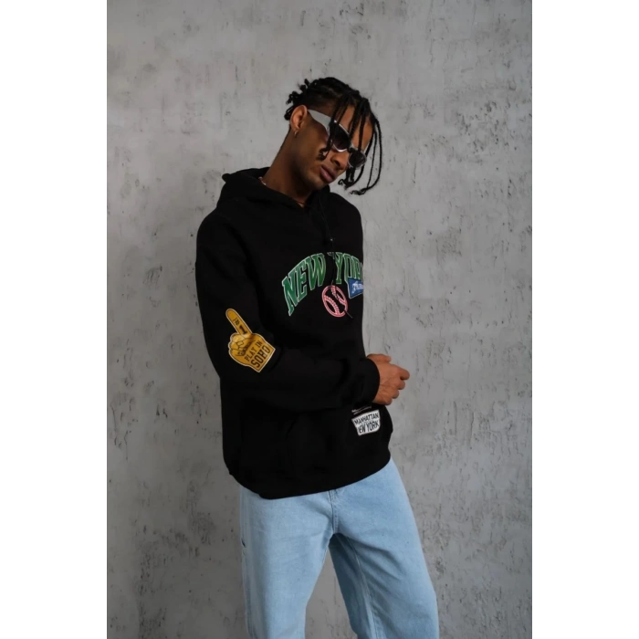 Baskılı Kapüşonlu Sweatshirt - Siyah -