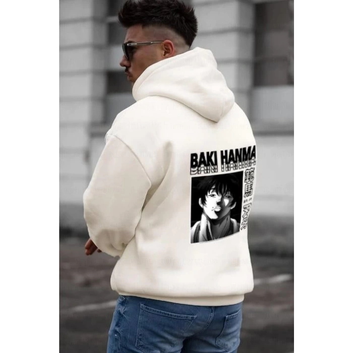 Baskılı Kapüşonlu ve Kordon İpli Sweat - Beyaz -