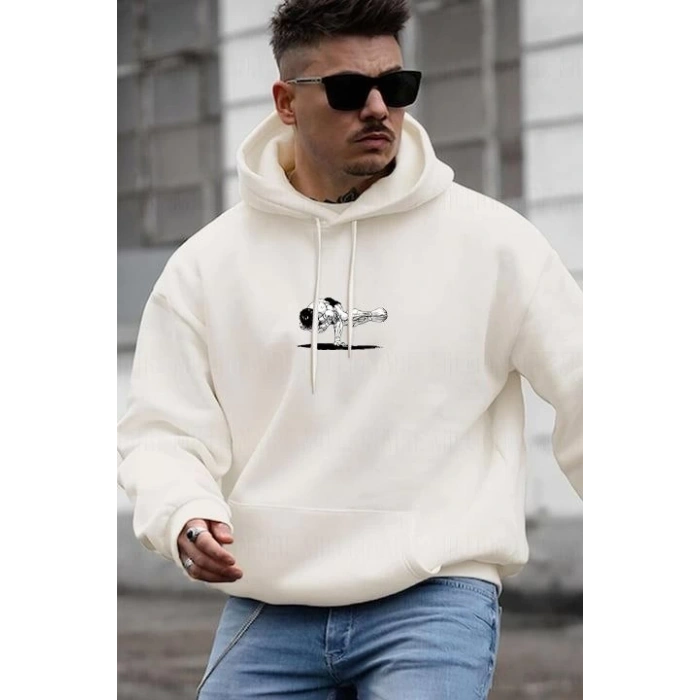 Baskılı Kapüşonlu ve Kordon İpli Sweat - Beyaz -