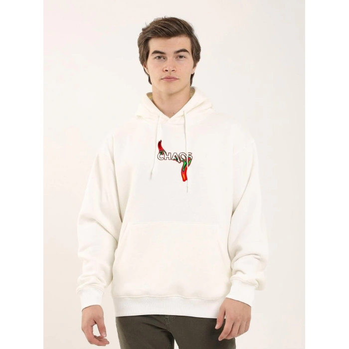 Baskılı Oversize Üç İplik Kapüşonlu Sweatshirt - Beyaz -