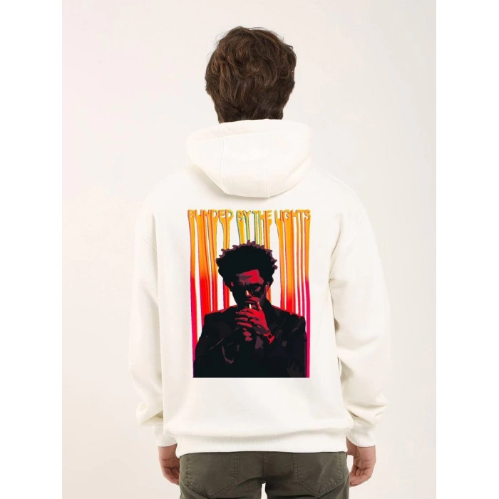Baskılı Oversize Üç İplik Kapüşonlu Sweatshirt - Beyaz -