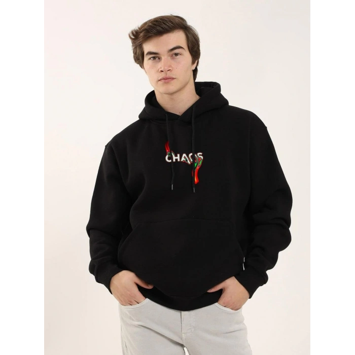 Baskılı Oversize Üç İplik Kapüşonlu Sweatshirt - Siyah -