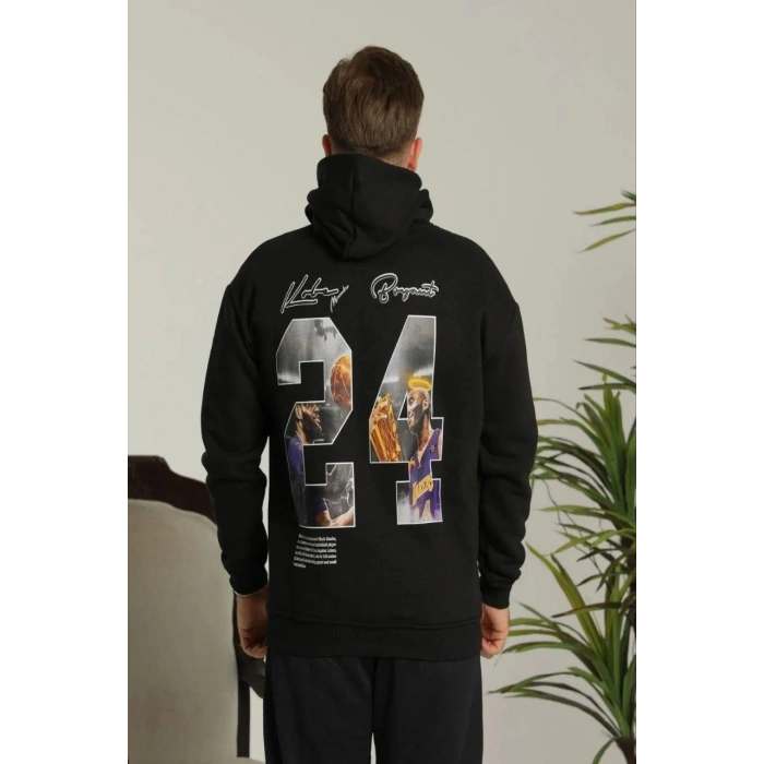 Baskılı Oversize Üç İplik Kapüşonlu Sweatshirt - Siyah