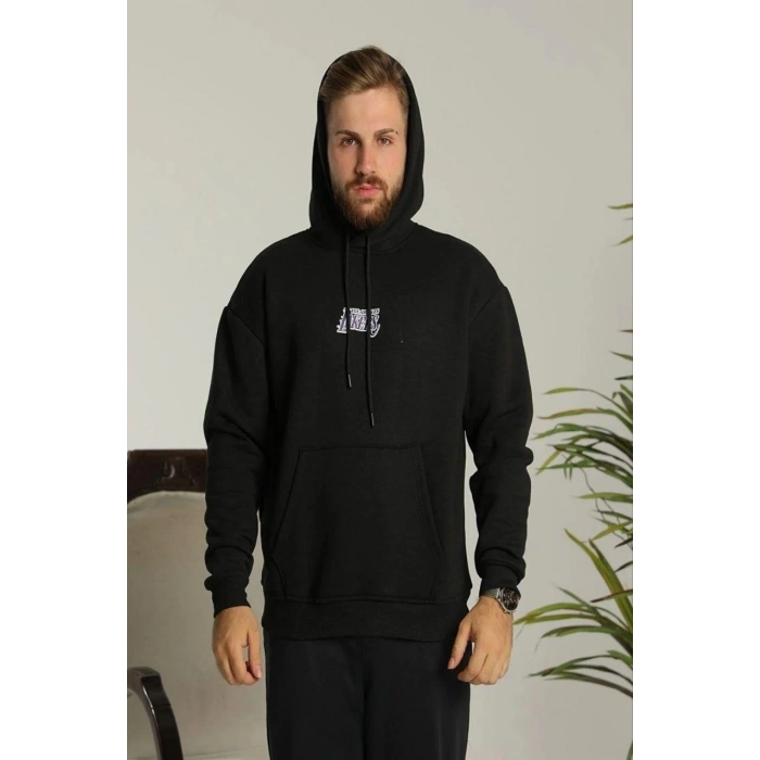 Baskılı Oversize Üç İplik Kapüşonlu Sweatshirt - Siyah