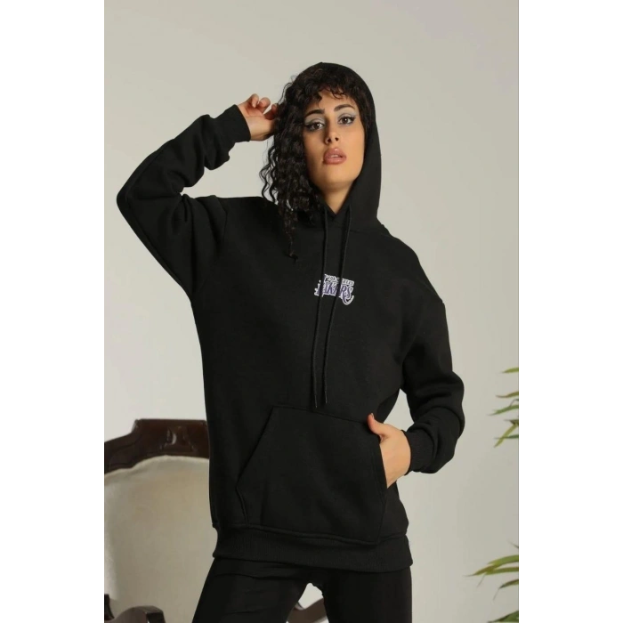 Baskılı Oversize Üç İplik Kapüşonlu Sweatshirt - Siyah