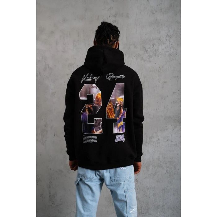 Baskılı Oversize Üç İplik Kapüşonlu Sweatshirt - Siyah