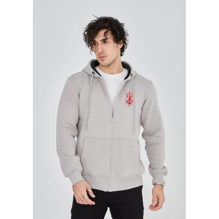 Baskılı Tam Fermuarlı Kapşonlu SweatShirt - Boyalı Gri