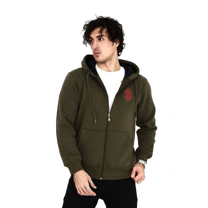 Baskılı Tam Fermuarlı Kapşonlu SweatShirt - Haki -