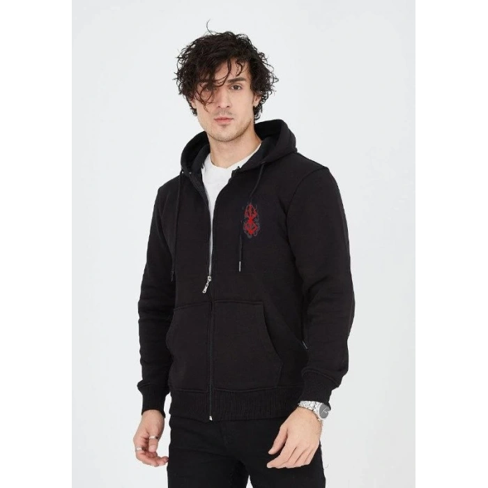 Baskılı Tam Fermuarlı Kapşonlu SweatShirt - Siyah -
