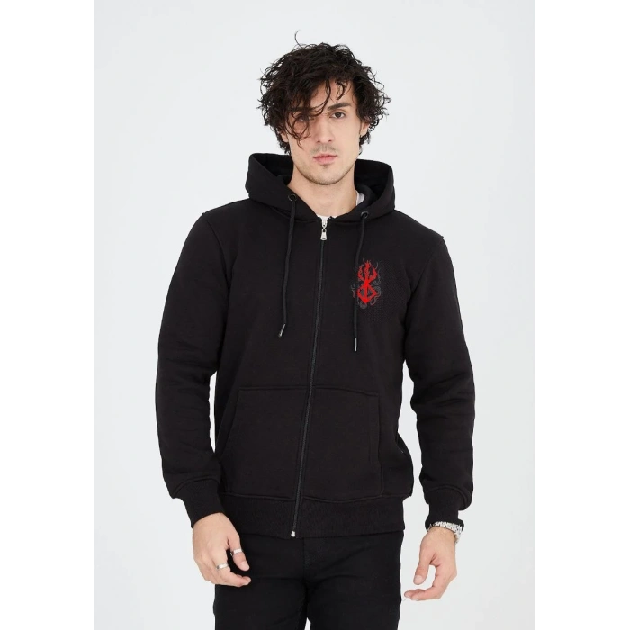 Baskılı Tam Fermuarlı Kapşonlu SweatShirt - Siyah -