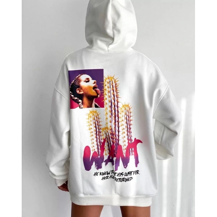 Baskılı Üç İplik Kapüşonlu Oversize Sweatshirt - Beyaz -