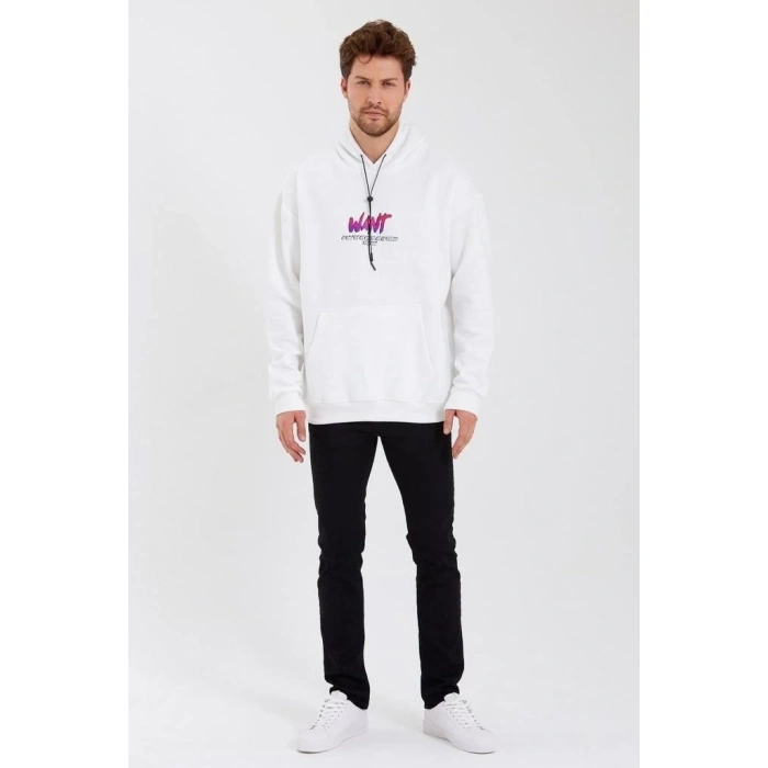 Baskılı Üç İplik Kapüşonlu Oversize Sweatshirt - Beyaz -