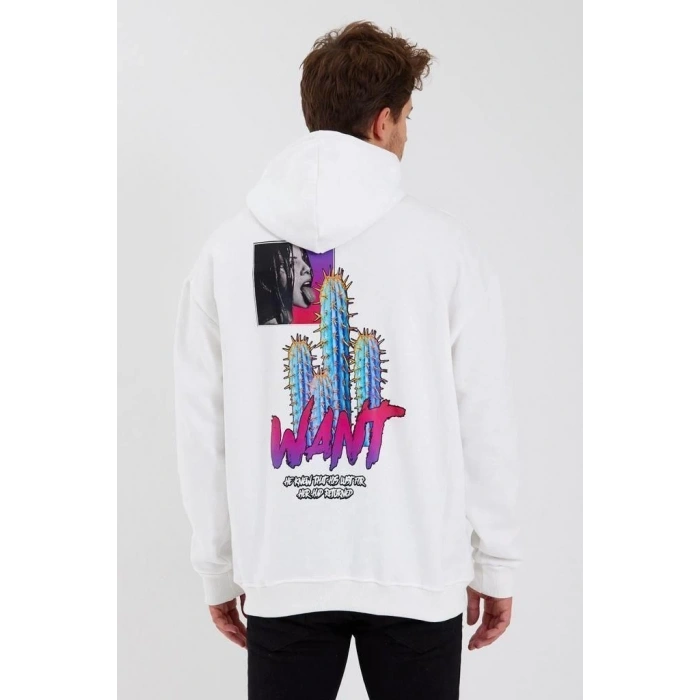 Baskılı Üç İplik Kapüşonlu Oversize Sweatshirt - Beyaz -