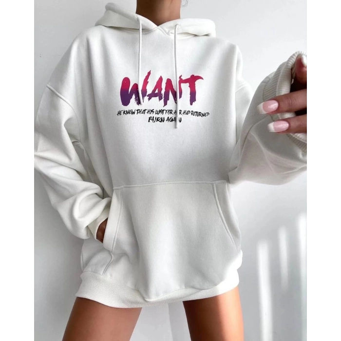 Baskılı Üç İplik Kapüşonlu Oversize Sweatshirt - Beyaz -