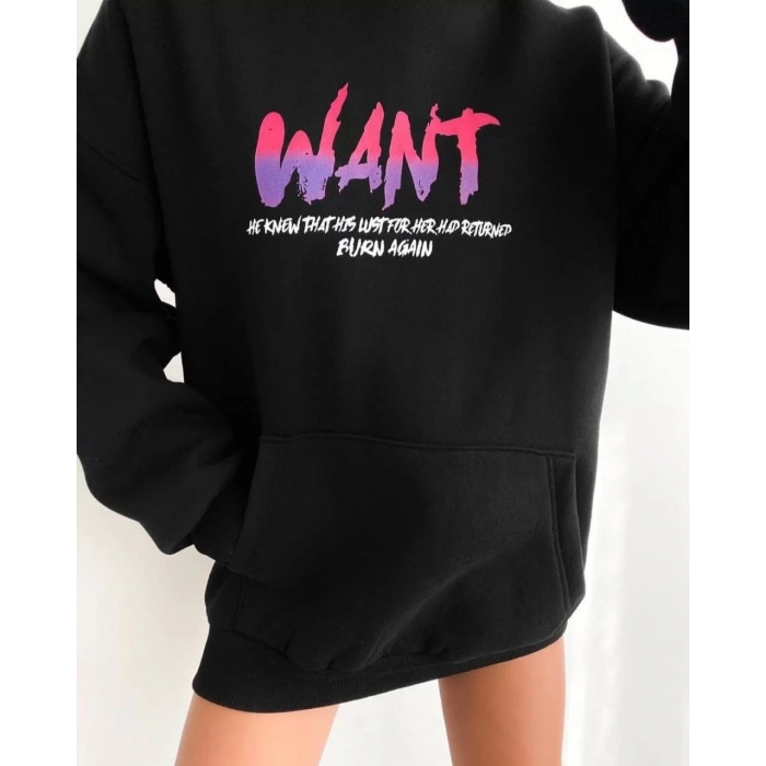 Baskılı Üç İplik Kapüşonlu Oversize Sweatshirt - Siyah -