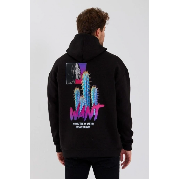 Baskılı Üç İplik Kapüşonlu Oversize Sweatshirt - Siyah -