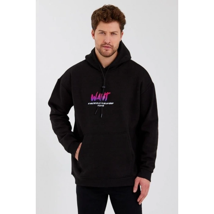 Baskılı Üç İplik Kapüşonlu Oversize Sweatshirt - Siyah -