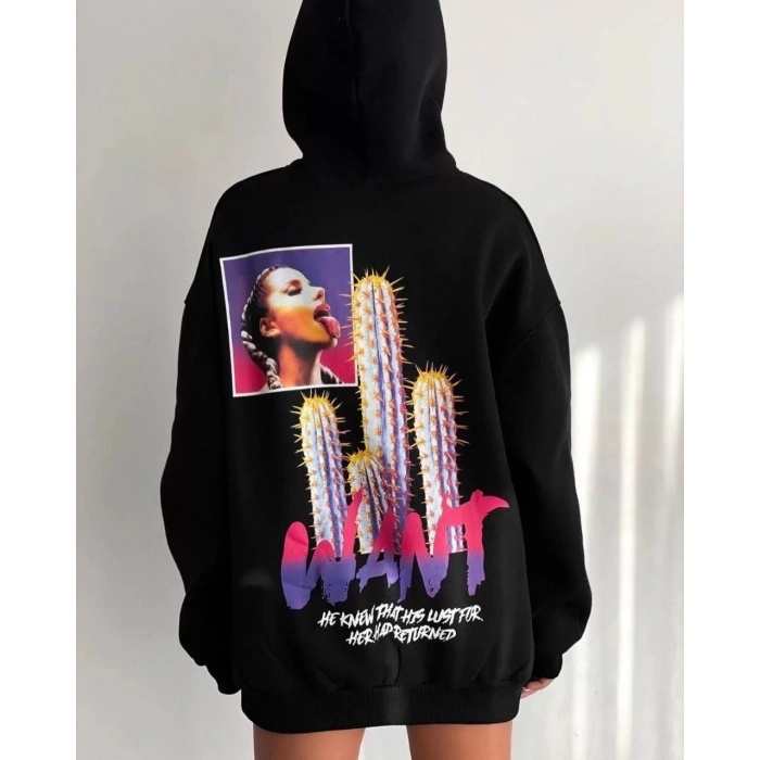 Baskılı Üç İplik Kapüşonlu Oversize Sweatshirt - Siyah -