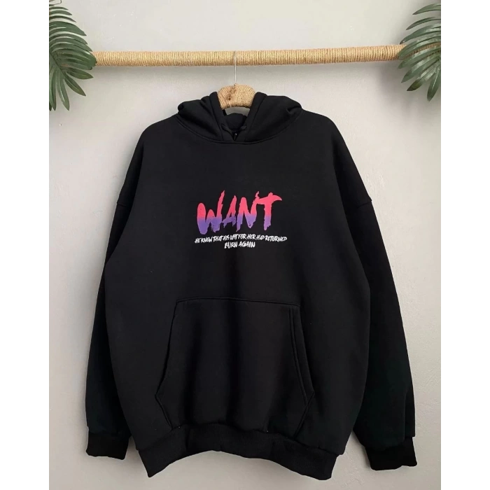 Baskılı Üç İplik Kapüşonlu Oversize Sweatshirt - Siyah -