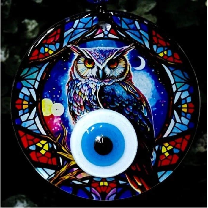 Baykuşlu Gece Desenli 12 Santimetre Füzyon Cam Duvar Süsü