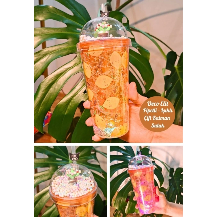 Beach Temalı Suluk Pipetli Buzlu Cam Görünümlü Led Işıklı 450 ML Çift Katman Mika 2768