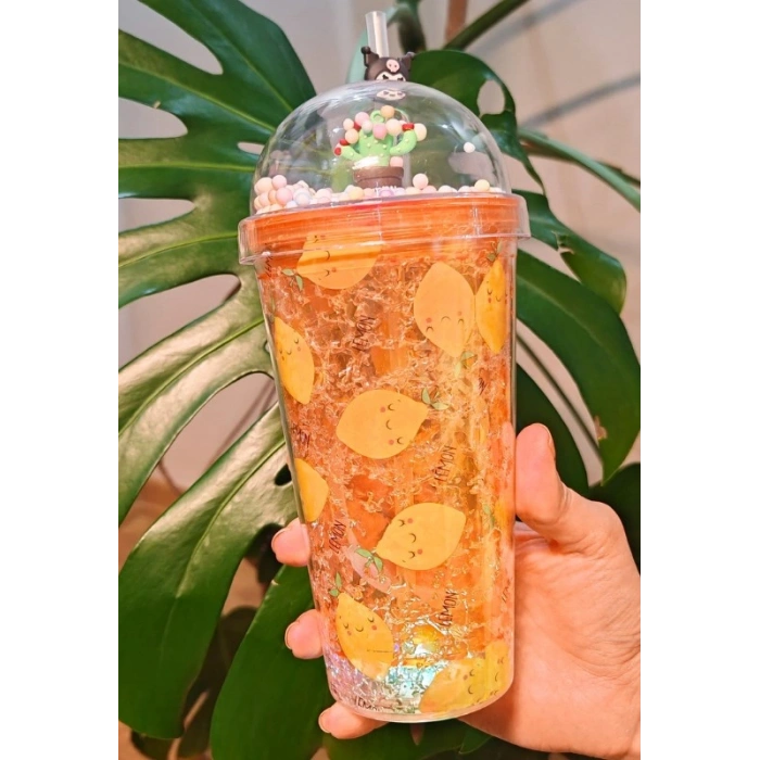 Beach Temalı Suluk Pipetli Buzlu Cam Görünümlü Led Işıklı 450 ML Çift Katman Mika 2768
