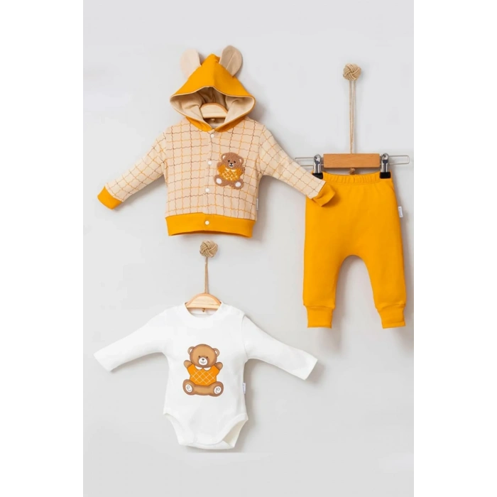 Bear Çizgili % 100 Pamuk Hırkalı 3lü Bebek Takımı