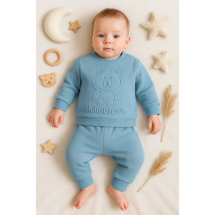 Bear Gofre Kabartmalı 2li Erkek Bebek Takımı