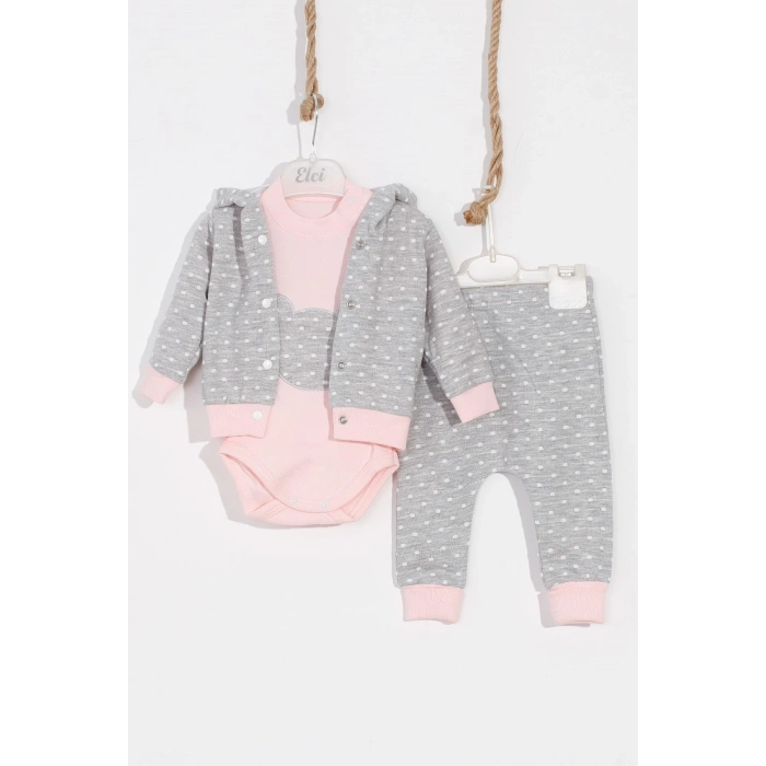 Bear Nakışlı Puanlı Pamuklu 2li Kız Bebek Takımı