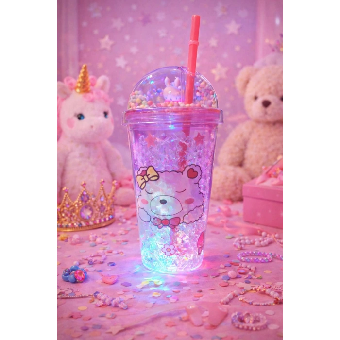 Bear Suluk Pipetli Buzlu Cam Görünümlü Led Işıklı 450 ML Çift Katman Mika 2093 Pembe