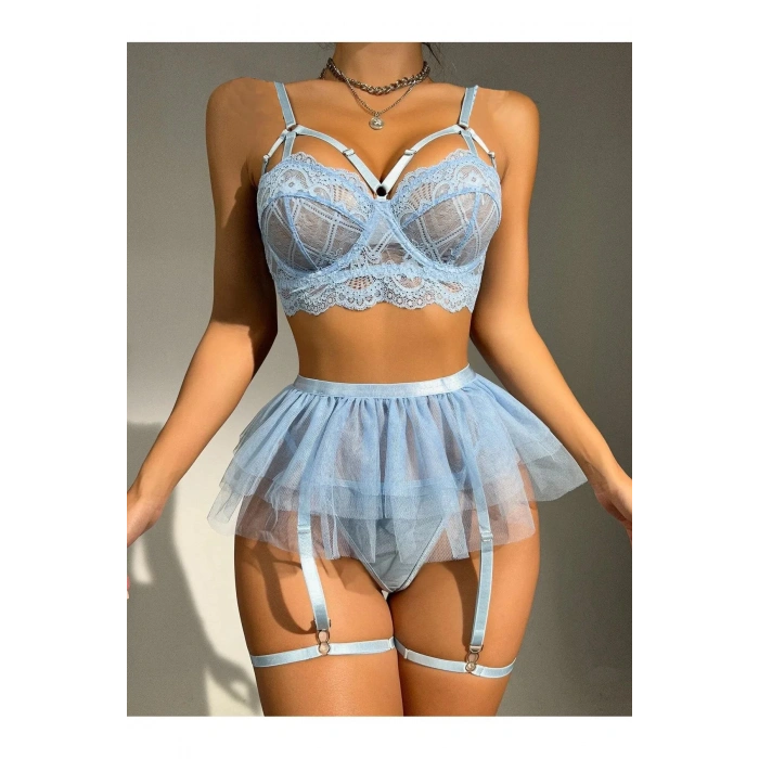 Bebe Mavi Bel Tüllü Kadın Seksi Fantazi Jartiyer Takım 2087