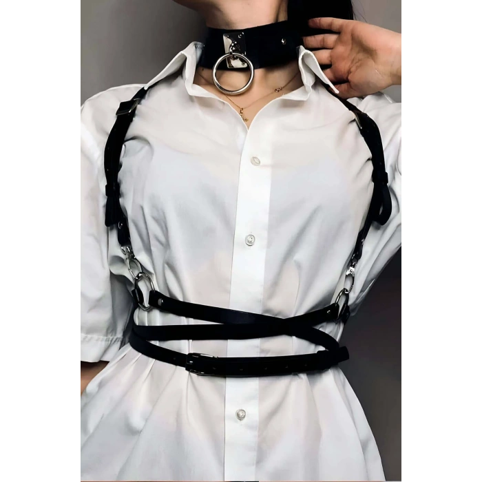 Belden Ayarlı Bağlamalı Deri Korse Kemer Ve Choker Tasma Takım - Brf644