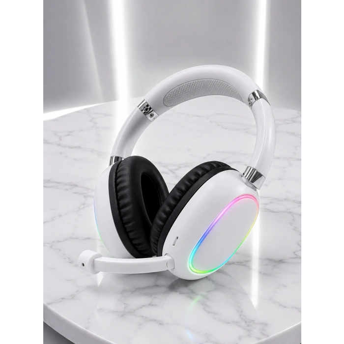 Beyaz Bluetooth 5.0 Mikrofonlu Kablosuz Kulak Üstü Kulaklık Rgb Işıklı Type-c Şarjlı