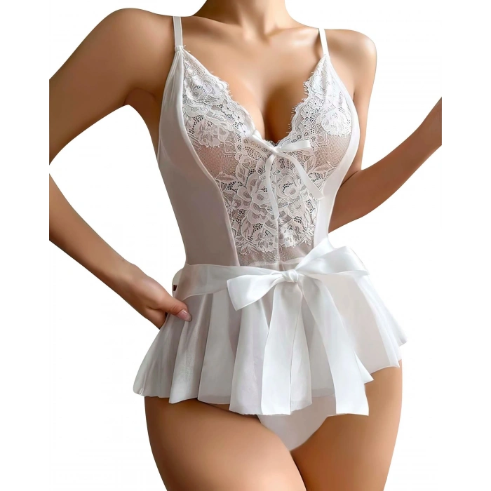 Beyaz Dantel İşlemeli Kurdelalı Fantezi Tül Babydoll