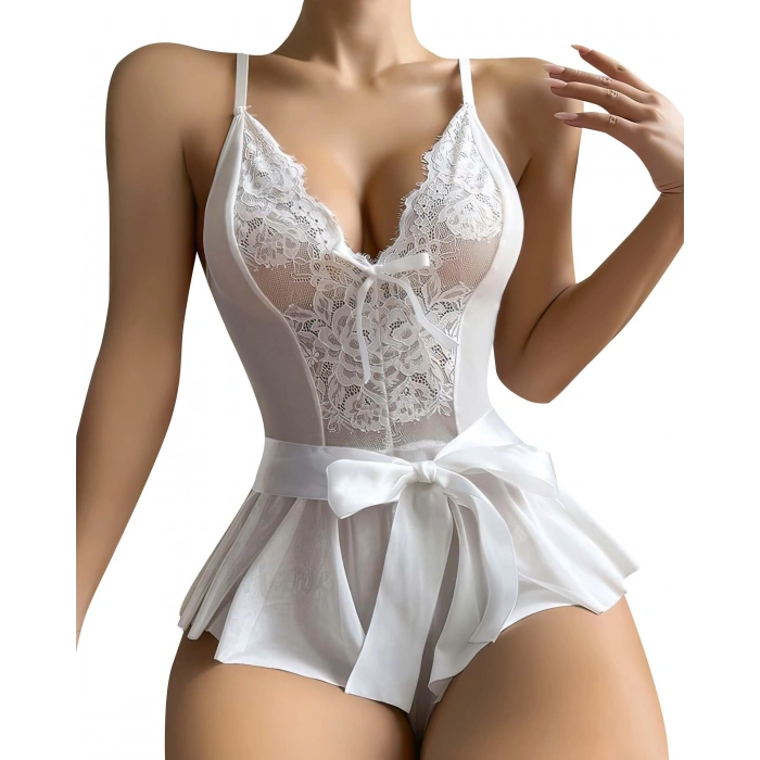 Beyaz Dantel İşlemeli Kurdelalı Fantezi Tül Babydoll