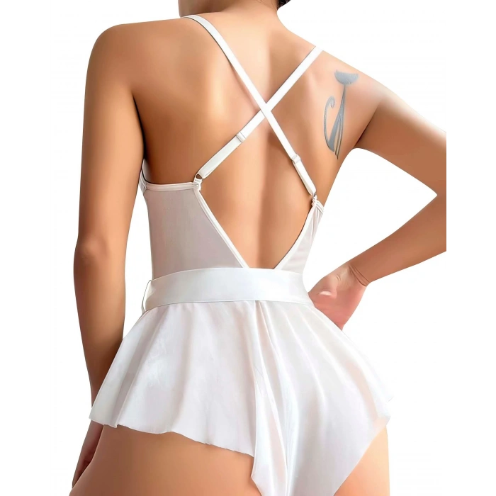 Beyaz Dantel İşlemeli Kurdelalı Fantezi Tül Babydoll