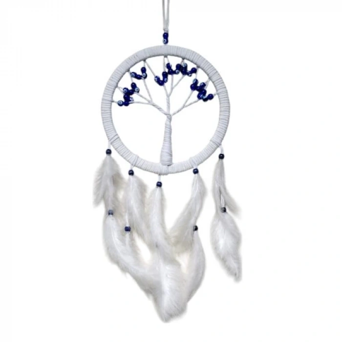 Beyaz Kuş Tüylü Cam Nazar Boncuklu Hayat Ağacı Duvar Dekoru
