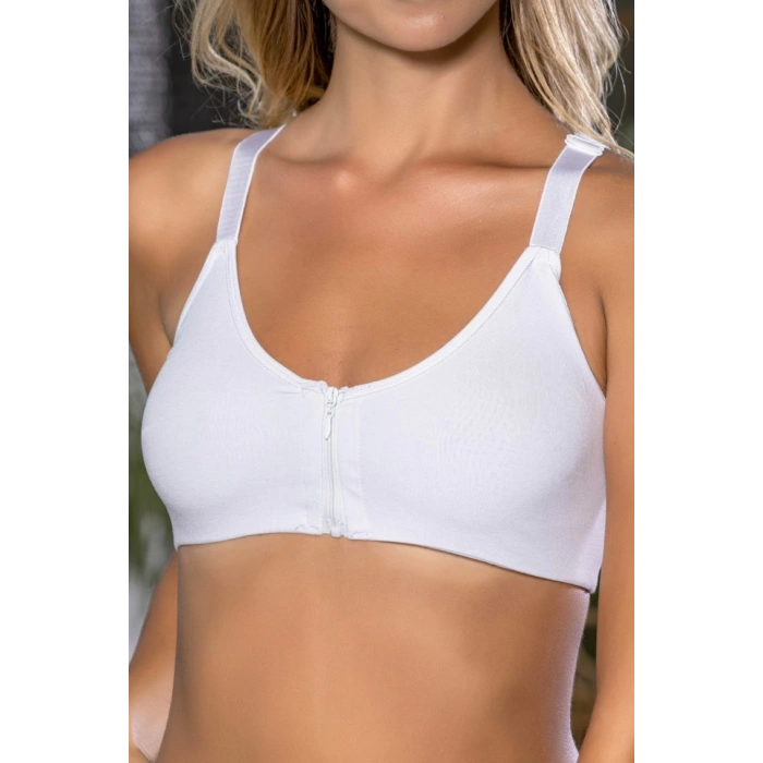 Beyaz Önden Fermuarlı Pamuklu Sütyen,Günlük ve Medikal Kullanım İçin, Kadın İç Giyim