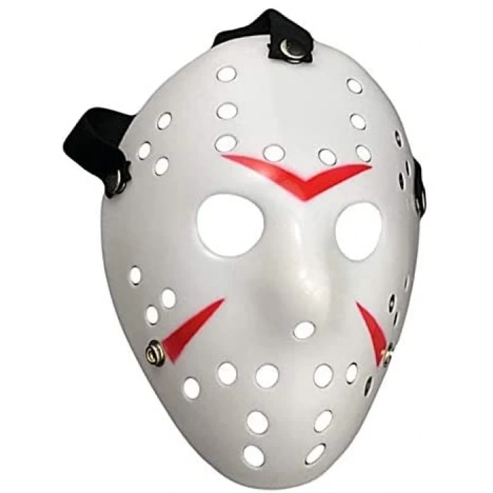Beyaz Renk Kırmızı Çizgili Tam Yüz Hokey Jason Maskesi Hannibal Maskesi (4887)