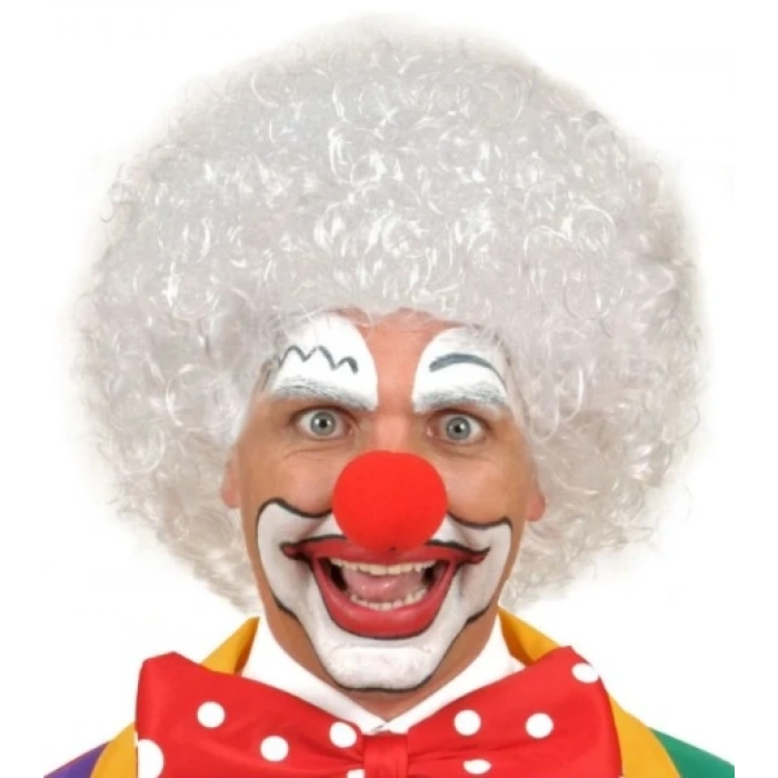 Beyaz Renk Kıvırcık Afro Bonus Peruk Saç ve Kırmızı Sünger Burun Seti (4887)