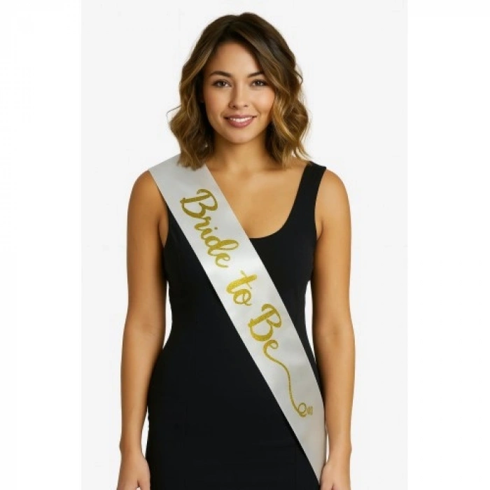 Beyaz Saten Üzerine El Yazısı İtalik Altın Bride To Be Kuşağı 10 cm Genişlik